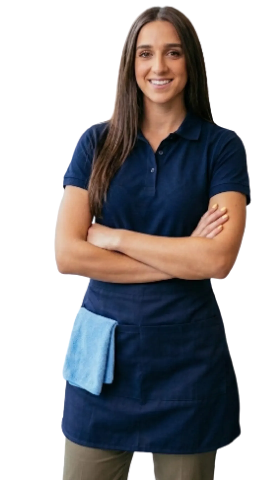 House cleaner in Vancouver WA in uniform and apron with a microfiber cloth